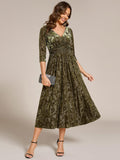 A-Line Floral Velvet V-Neck Pleated Wedding Guest Dress with Sleeves