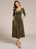 A-Line Floral Velvet V-Neck Pleated Wedding Guest Dress with Sleeves