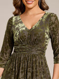 A-Line Floral Velvet V-Neck Pleated Wedding Guest Dress with Sleeves
