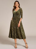 A-Line Floral Velvet V-Neck Pleated Wedding Guest Dress with Sleeves