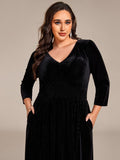 A-Line Long Sleeves Velvet V-Neck with Pocket Wedding Guest Dress