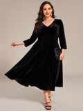 A-Line Long Sleeves Velvet V-Neck with Pocket Wedding Guest Dress