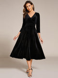 A-Line Long Sleeves Velvet V-Neck with Pocket Wedding Guest Dress