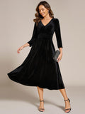 A-Line Long Sleeves Velvet V-Neck with Pocket Wedding Guest Dress