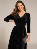 A-Line Long Sleeves Velvet V-Neck with Pocket Wedding Guest Dress