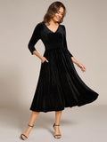 A-Line Long Sleeves Velvet V-Neck with Pocket Wedding Guest Dress