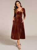 A-Line Long Sleeves Velvet V-Neck with Pocket Wedding Guest Dress