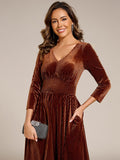 A-Line Long Sleeves Velvet V-Neck with Pocket Wedding Guest Dress