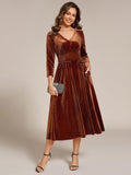 A-Line Long Sleeves Velvet V-Neck with Pocket Wedding Guest Dress