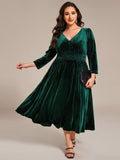 A-Line Long Sleeves Velvet V-Neck with Pocket Wedding Guest Dress