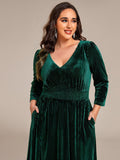 A-Line Long Sleeves Velvet V-Neck with Pocket Wedding Guest Dress