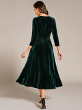 A-Line Long Sleeves Velvet V-Neck with Pocket Wedding Guest Dress