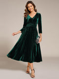 A-Line Long Sleeves Velvet V-Neck with Pocket Wedding Guest Dress