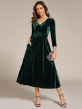 A-Line Long Sleeves Velvet V-Neck with Pocket Wedding Guest Dress