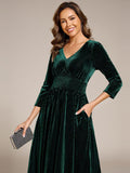 A-Line Long Sleeves Velvet V-Neck with Pocket Wedding Guest Dress