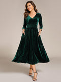 A-Line Long Sleeves Velvet V-Neck with Pocket Wedding Guest Dress