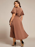 Plus Size A-Line V-Neck Satin Ruffles Midi Wedding Guest Dress