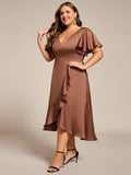 Plus Size A-Line V-Neck Satin Ruffles Midi Wedding Guest Dress