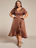 Plus Size A-Line V-Neck Satin Ruffles Midi Wedding Guest Dress