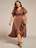 Plus Size A-Line V-Neck Satin Ruffles Midi Wedding Guest Dress