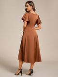A-Line V-Neck Short Sleeves Satin Ruffles Wedding Guest Dress