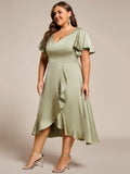 Plus Size A-Line V-Neck Satin Ruffles Midi Wedding Guest Dress