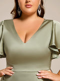 Plus Size A-Line V-Neck Satin Ruffles Midi Wedding Guest Dress