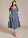 Plus Size A-Line V-Neck Short Sleeves Pleated Wedding Guest Dress with Pockets