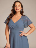 Plus Size A-Line V-Neck Short Sleeves Pleated Wedding Guest Dress with Pockets