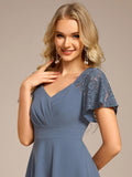 A-Line V-Neck Short Sleeves with Lace Wedding Guest Dress with Pockets