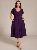Plus Size A-Line V-Neck Short Sleeves Pleated Wedding Guest Dress with Pockets