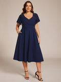 Plus Size A-Line V-Neck Short Sleeves Pleated Wedding Guest Dress with Pockets