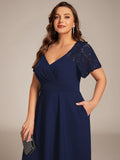 Plus Size A-Line V-Neck Short Sleeves Pleated Wedding Guest Dress with Pockets