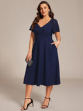 Plus Size A-Line V-Neck Short Sleeves Pleated Wedding Guest Dress with Pockets
