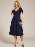 A-Line V-Neck Short Sleeves with Lace Wedding Guest Dress with Pockets