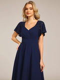 A-Line V-Neck Short Sleeves with Lace Wedding Guest Dress with Pockets