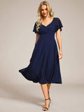 A-Line V-Neck Short Sleeves with Lace Wedding Guest Dress with Pockets