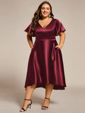 A-Line V-neck High-Low Short Sleeves Wedding Guest Dress with Pockets