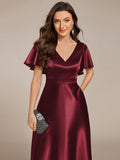 A-Line V-neck High-Low Short Sleeves Wedding Guest Dress with Pockets