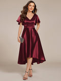 A-Line V-neck High-Low Short Sleeves Wedding Guest Dress with Pockets