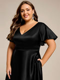 A-Line V-neck High-Low Short Sleeves Wedding Guest Dress with Pockets