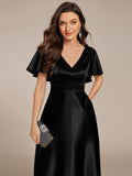 A-Line V-neck High-Low Short Sleeves Wedding Guest Dress with Pockets