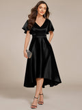 A-Line V-neck High-Low Short Sleeves Wedding Guest Dress with Pockets