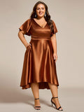 Plus Size A-Line Satin V-Neck Midi Wedding Guest Dress with Pockets