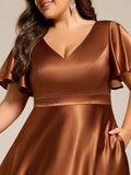Plus Size A-Line Satin V-Neck Midi Wedding Guest Dress with Pockets