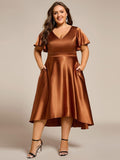 Plus Size A-Line Satin V-Neck Midi Wedding Guest Dress with Pockets