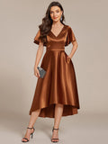 A-Line V-neck High-Low Short Sleeves Wedding Guest Dress with Pockets