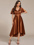 A-Line V-neck High-Low Short Sleeves Wedding Guest Dress with Pockets