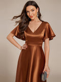 A-Line V-neck High-Low Short Sleeves Wedding Guest Dress with Pockets