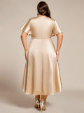 Plus Size A-Line Satin V-Neck Midi Wedding Guest Dress with Pockets
